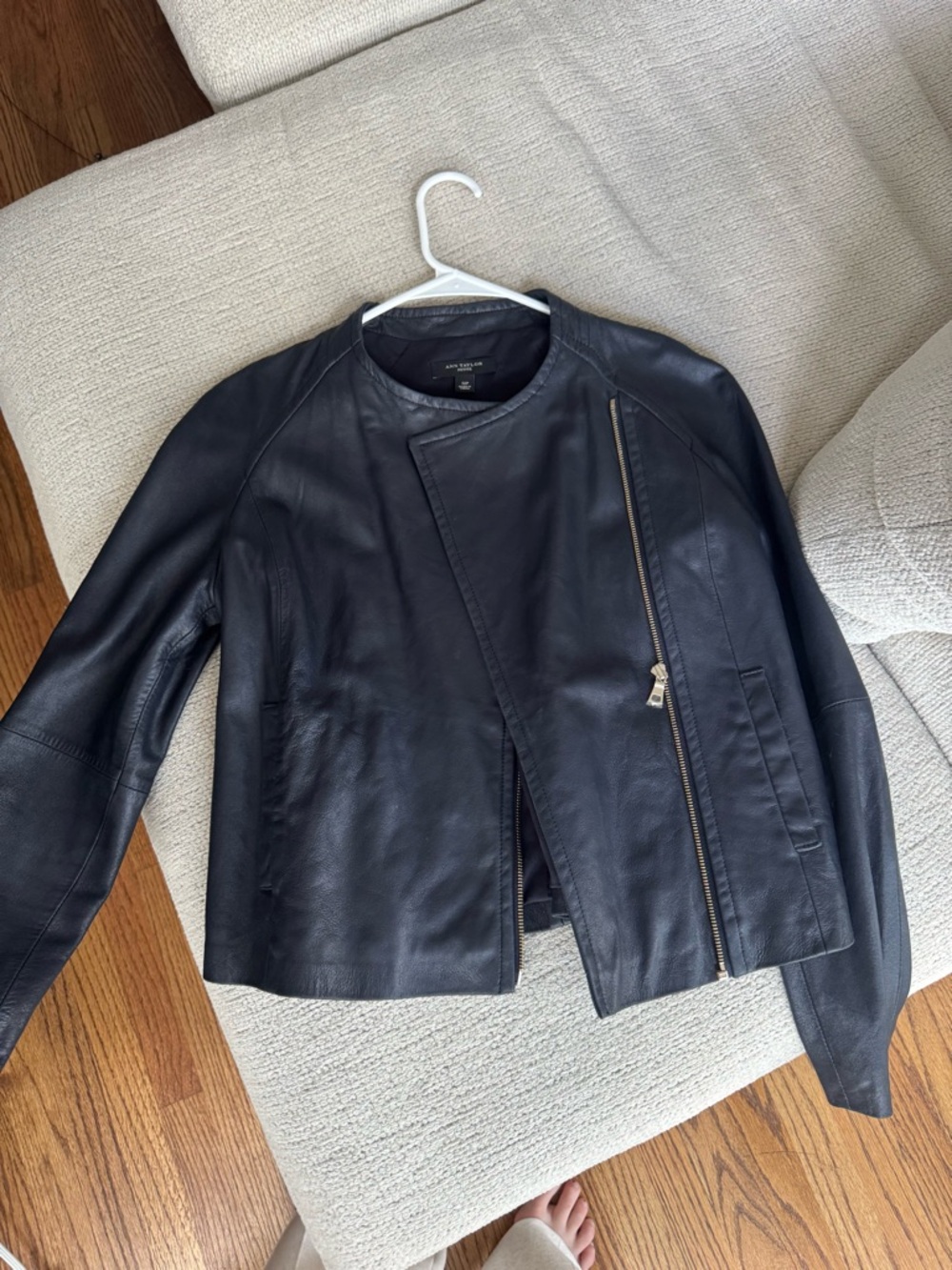 Ann Taylor Navy Leather Asymmetrical Zip Moto Jacket
